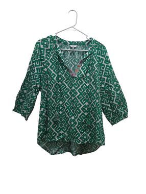 Crown & Ivy Green Geometric Print V-Neck Popover Blouse Tassel Detail Size XL